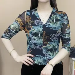 Abbigliamento donna elegante t-shirt con bottoni con scollo a v primavera autunno pendolare manica lunga Casual Slim Vintage pullover stampati alla moda