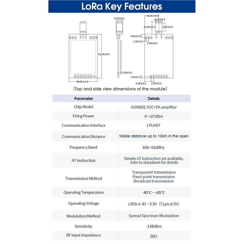 

DX-LR03 868 МГц 915 МГц 10 км дальнего действия 27 дБм модуль питания передачи ASR6601 последовательный порт Uart модуль AT LoRa