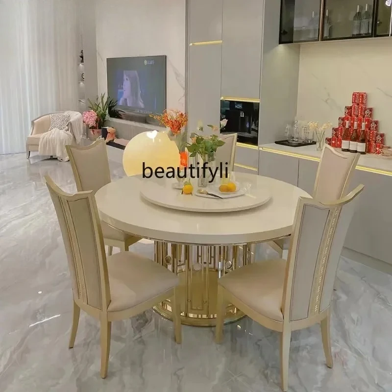 

Light luxury French solid wood dining table and chair combination metal household round table American restaurant dining table