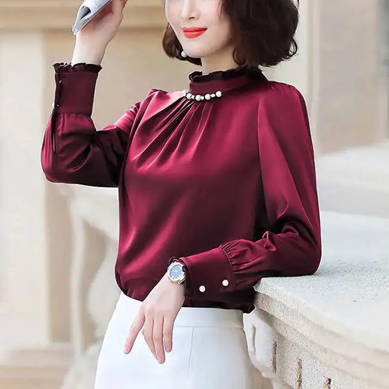 Korean Stand Collar Folds Beading Solid Color Chiffon Shirt Oversized Ruffles Temperament Office Lady Long Sleeve Blouse Women