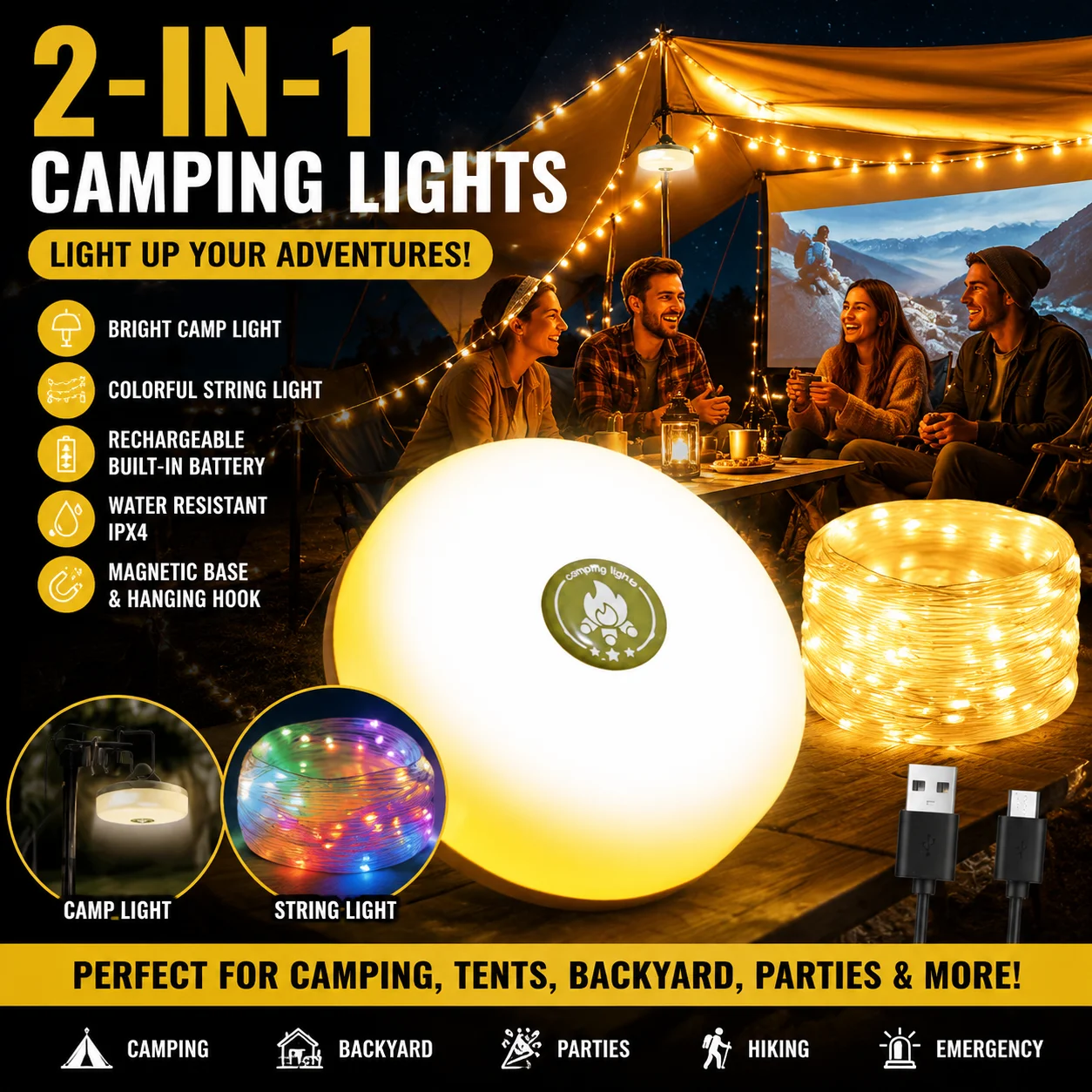 

2-in-1 Camping Lights, Bright Portable LED Camp Lantern with Colorful String Lights, USB Rechargeable Outdoor Tent Lights, Waterproof IPX4, Magnetic Base, Hanging Hook, Perfect for Camping, Backyard, Hiking, Parties, Emergency