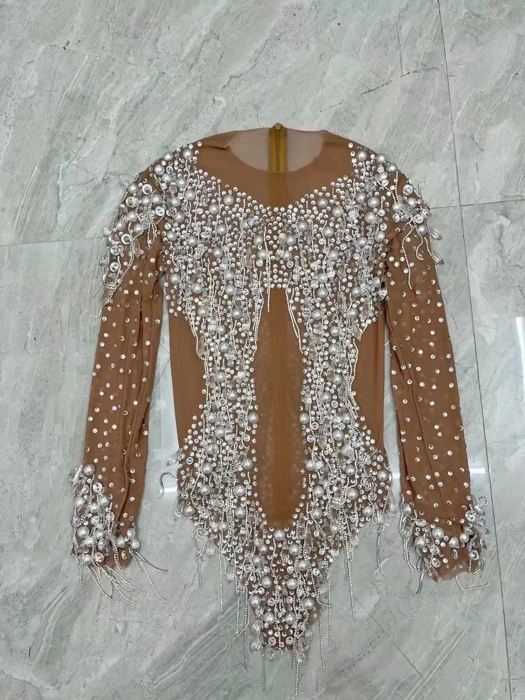 

Sexy Silver Rhinestones Pearls Chains Leotard Evening Birthday Crystals Fringes Bodysuit Costume Performance Photoshoot Outfit