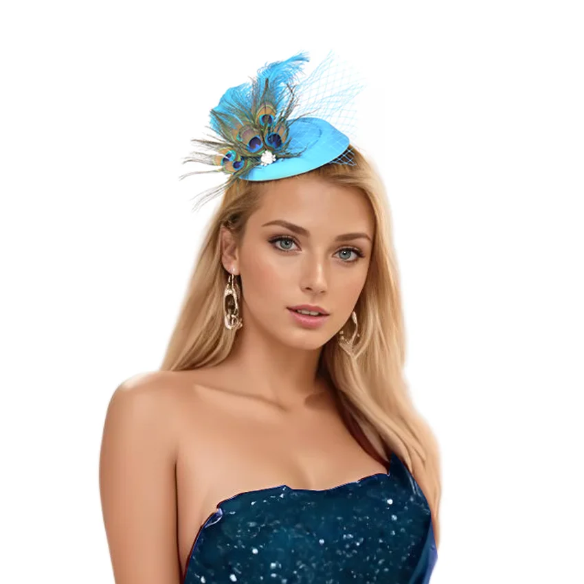 

Blue Peacock Feather Pillbox Hat Hair Clip Accessories Fascinators For Ascot Weddings Proms Derby Lady Fancy Dress Headpieces