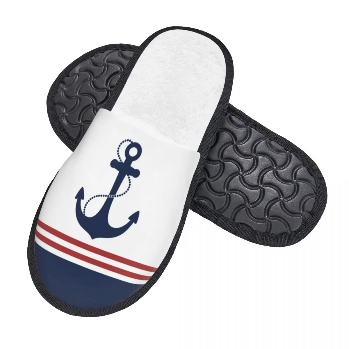 Custom Nautical Navy Blue Anchor With Stripes House Slippers Women Soft Memory Foam Sailing Sailor Slip On Spa Slipper Shoes