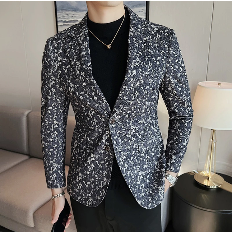 Blazers estampa floral slim fit masculino, smoking elegante, festa de casamento casual de alta qualidade, casacos de moda, 2023