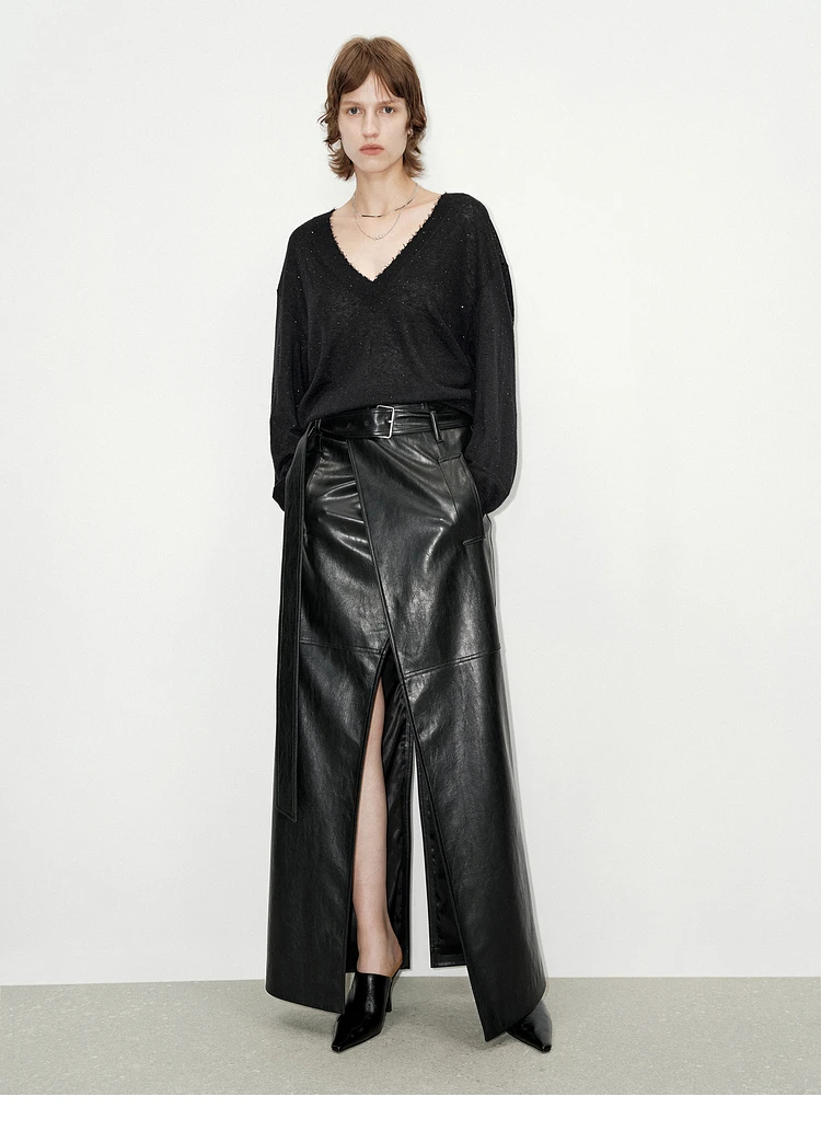 Lautaro Spring Autumn Shiny Black Soft Pu Leather Floor Length Skirt Women with Front Slit High Waist Extra Long Clothes 2025