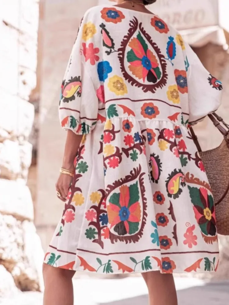 Fashion Print Loose Dress For Female Casual V Neck Three Quarter Pullover Dresses Women Boho Holiday Beach Skirt Womens Clothing