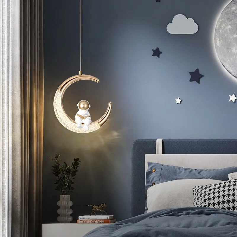 Lámpara colgante para habitación de niños, luz Led de luna de astronauta de dibujos animados creativos para dormitorio de niños y niñas