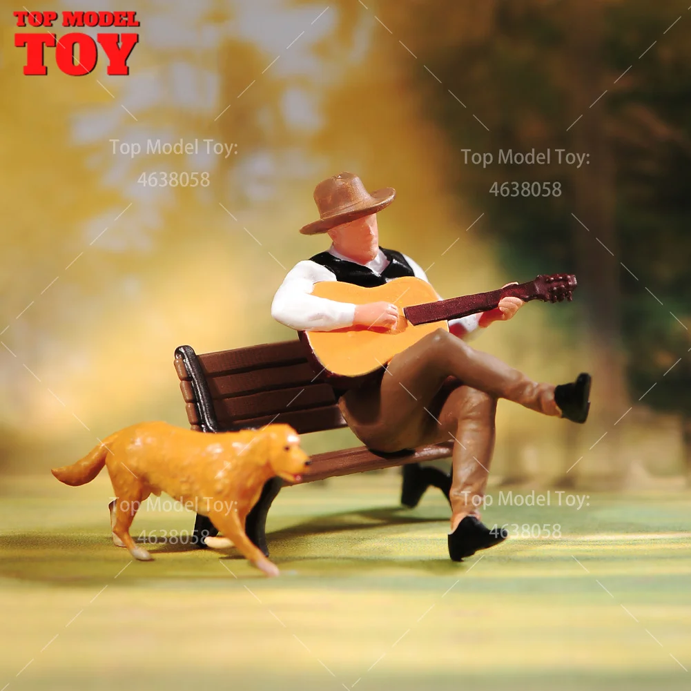 Painted Miniatures 1/64 1/43 1/87 Male Sitting on Bench Playing Guitar Scene Figure Dolls Unpainted Model For Cars Vehicles Toy