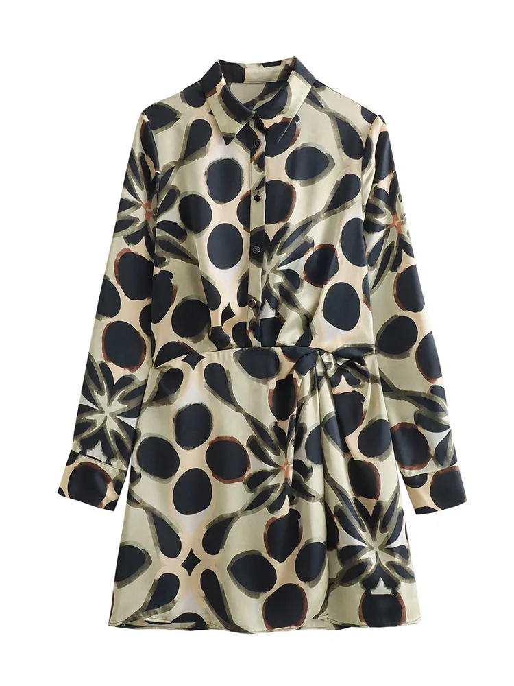 Robes courtes pour femme 2024 mode vintage imprimé géométrique robe en satin col à revers à manches longues bureau robe chemise élégante