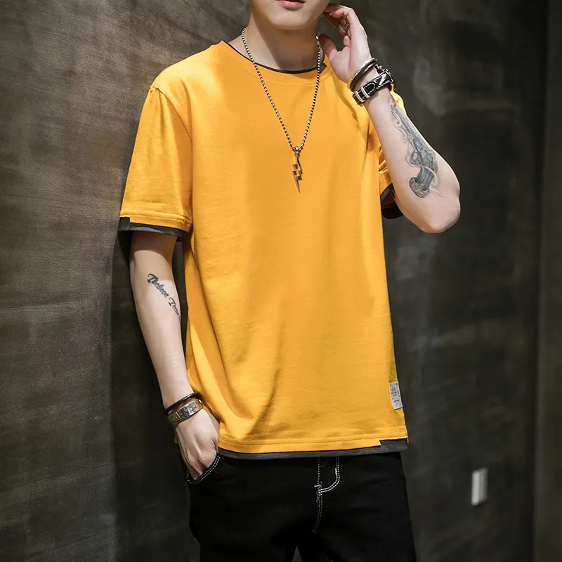 Fake Two Pieces Spliced Pullovers Men\'s Clothing Solid Color Youthful Vitality Summer All-match Stylish Patch Designs T-shirts
