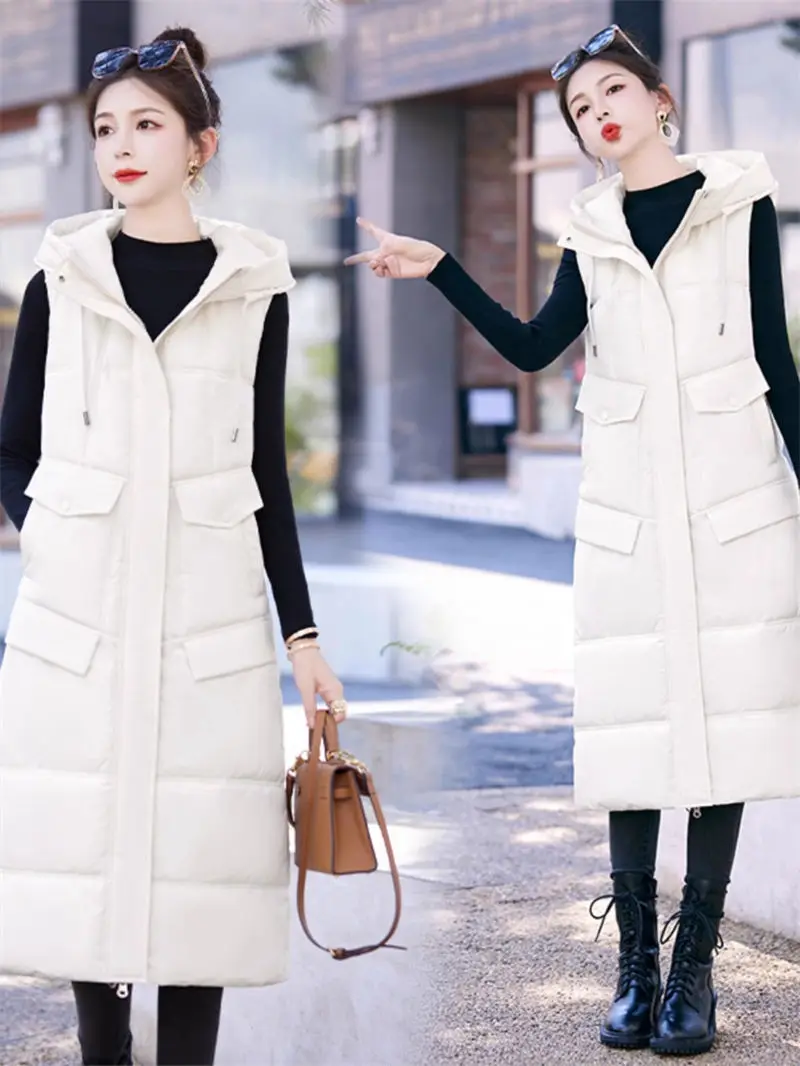 Long Down Cotton Waistcoat 2023 Autumn/Winter Hooded Women's Korean Style Sleeveless Slim Fit Tank Top Quilted Cotton Vest Z2734