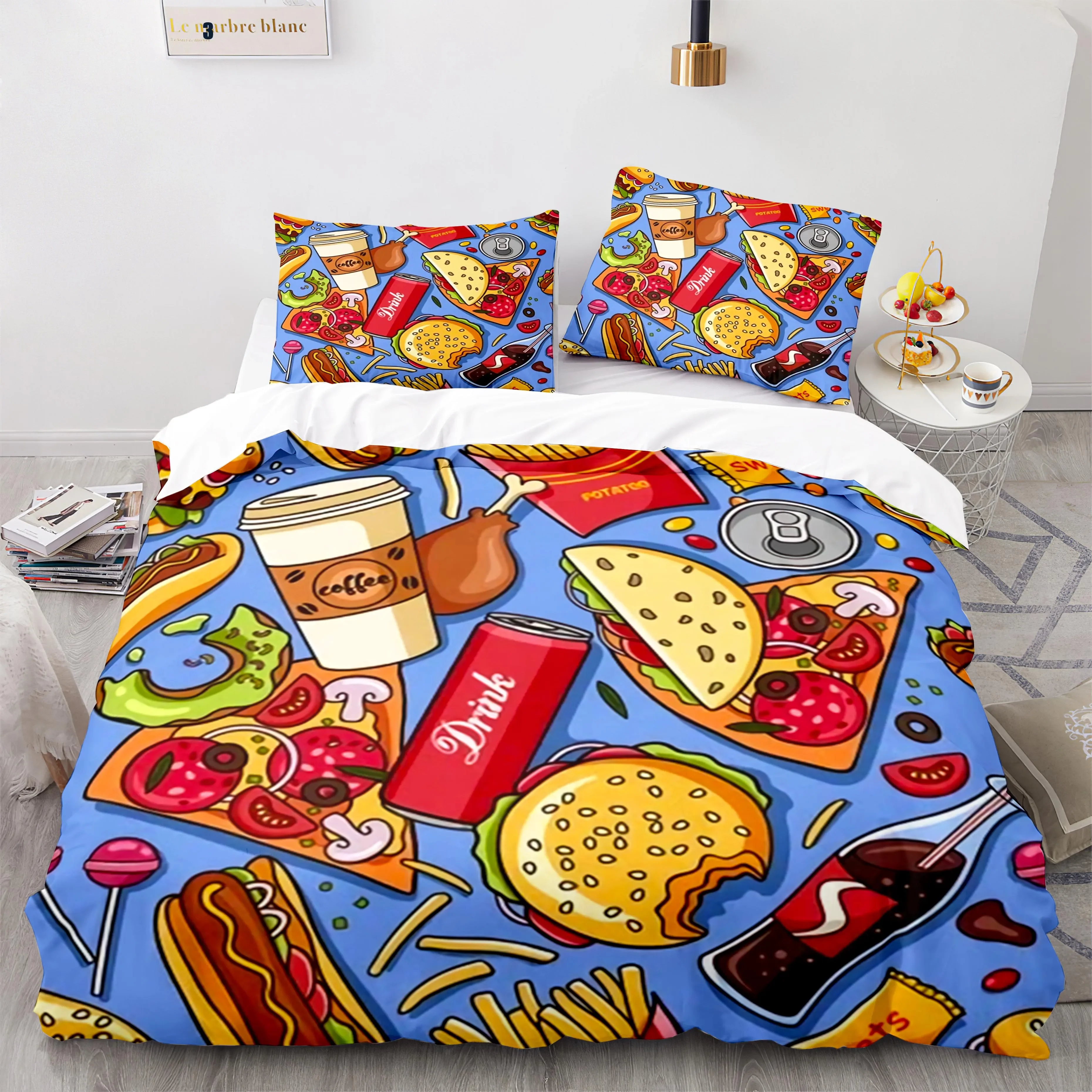 American Fast Food King Queen Duvet Cover Western Pizza Cola Bedding Set Kids French Fries Cartoon 2/3pcs Polyester Quilt Cover