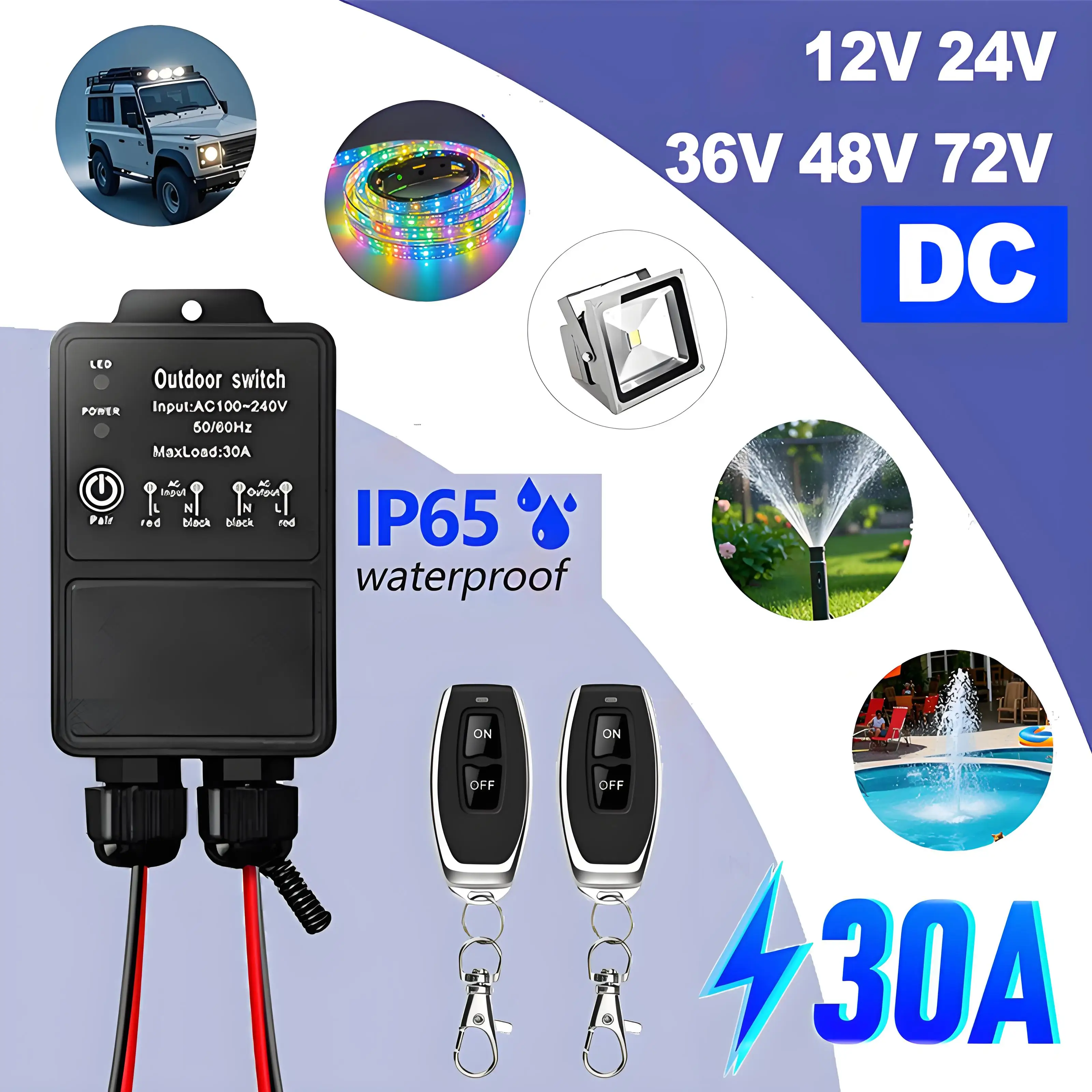 433Mhz Wireless Remote Control Switch DC 12V 24V 36V 48V 72V Outdoor Waterproof 30A Relay Module 100m Control Range for LED Pump