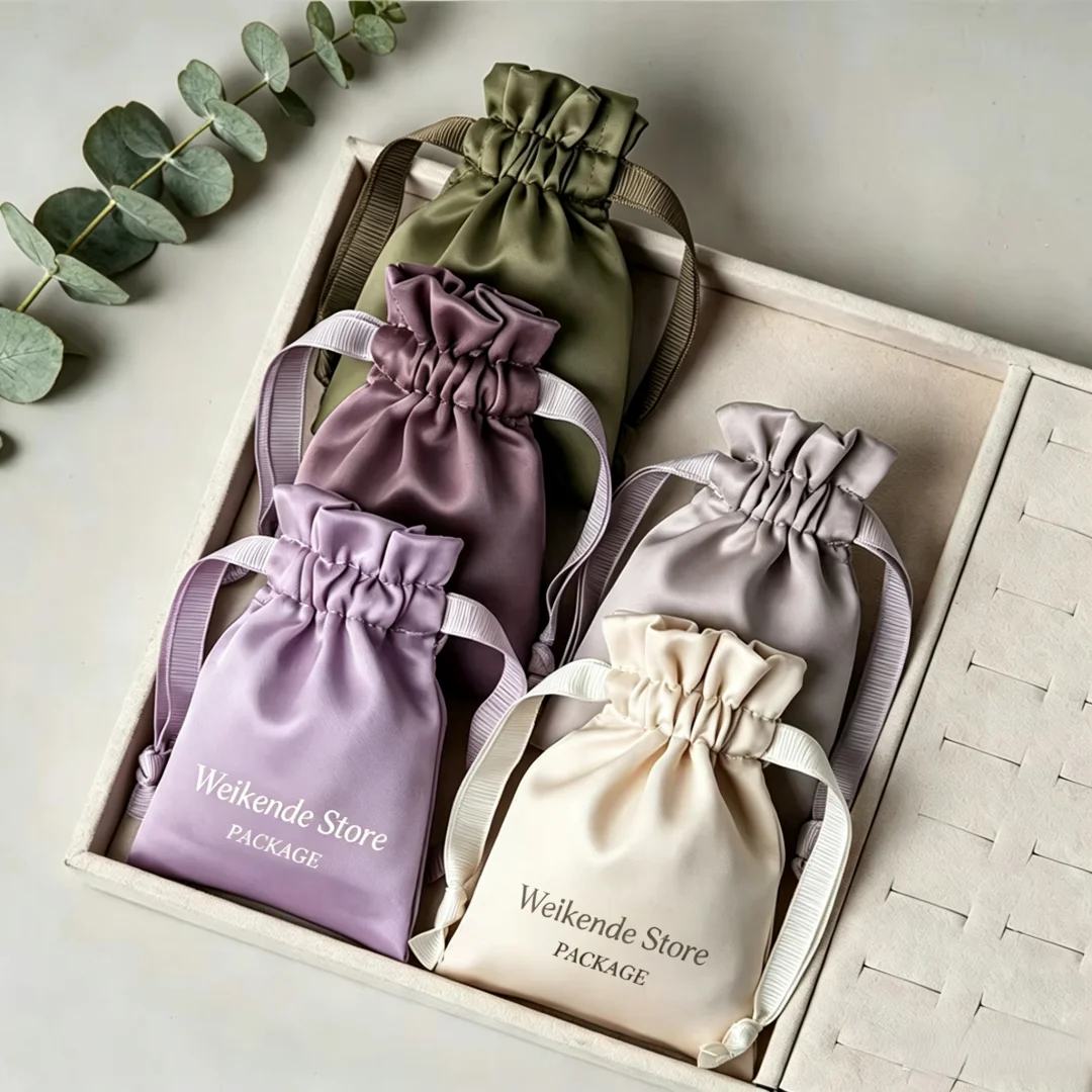 50Pcs Personalized Logo Silk Satin Drawstring Jewelry Pouches for Bracelets Cosmetics Candy and Essential Oil for Wedding Favors