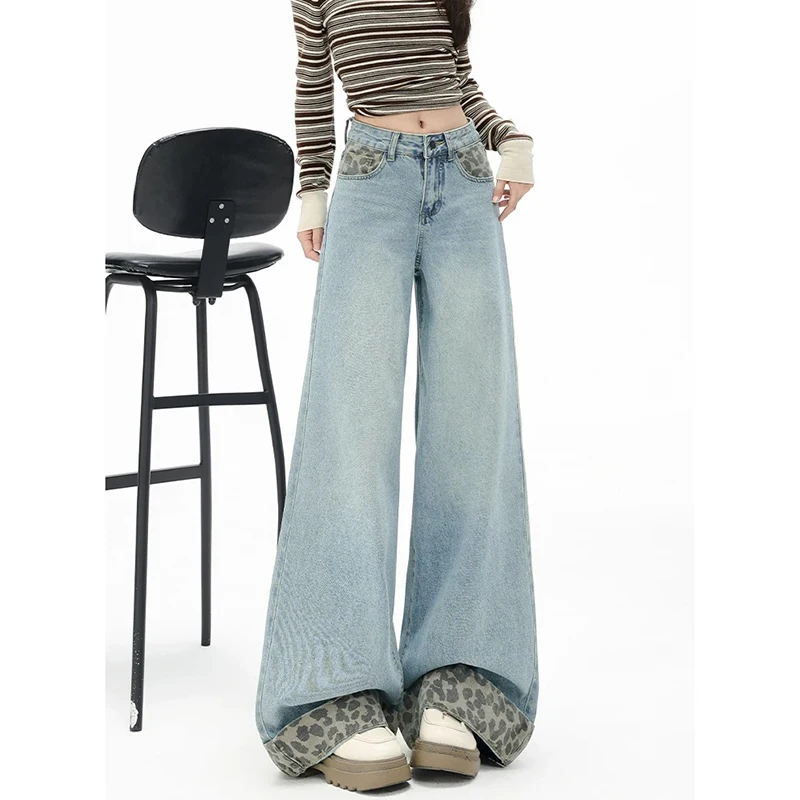 

Women High Waist Korean Slacks Wide Leg Jeans Girls Punk 90s Vintage Denim Straight Leg Pants Female Light Blue Baggy Trousers