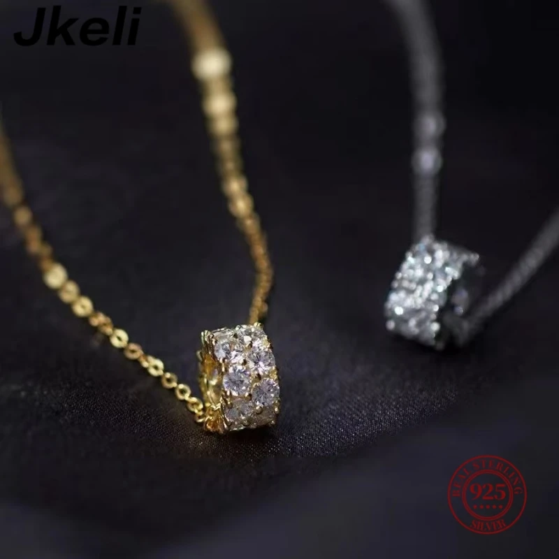 Jkeli S925 Sterling Silver Necklace for Women with Zirconia Transfer Beads 14K Gold Plated Cylindrical Pendant Jewelry Accessory