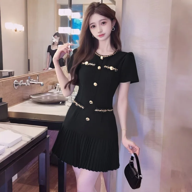 Femmes été tempérament élégant couleur unie Corset à manches courtes robes dames mode bureau dame apparaître mince a-ligne jupe