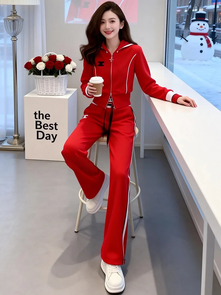 

Red Casual Sportswear Set for Women Spring High Waist Wide Leg Pants Short Coat Two Piece Set Fashionable And Comfortable