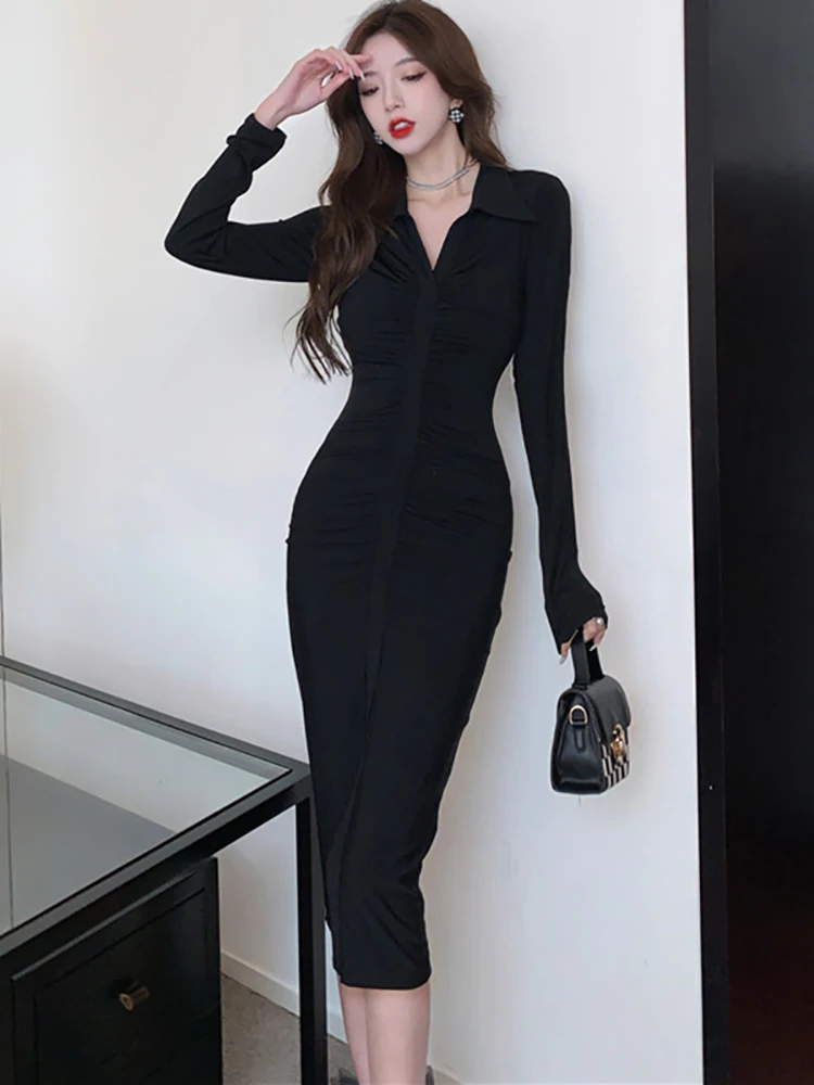 

Autumn Winter Black Pleated Bodycon Long Dress Gown Women Long Sleeve Polo Collar Casual Dress 2025 Korean Vintage Hepburn Dress