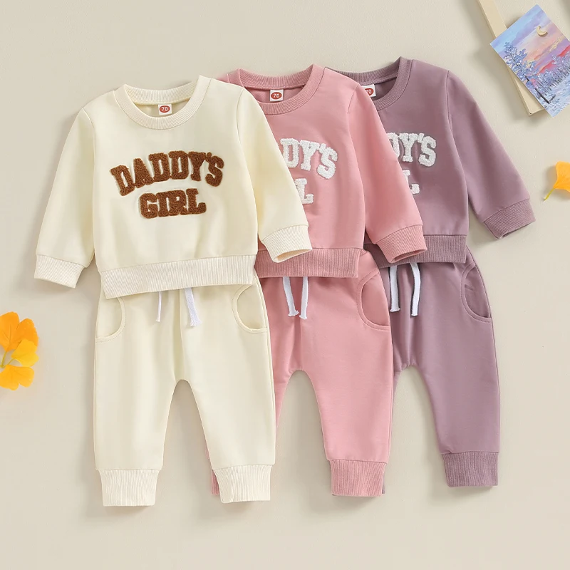 

Baby Girl 2Pcs Fall Outfits Fuzzy Letter Embroidery Long Sleeve Sweatshirt + Pants Set Toddler Spring Casual Clothes