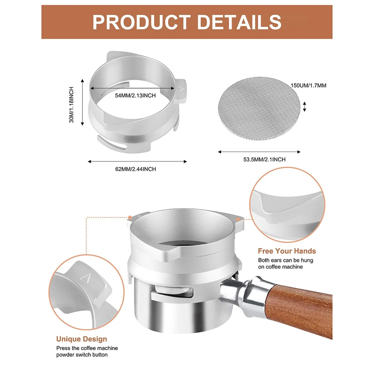 Embudo dosificador de café de 54mm, anillo dosificador de aluminio manos libres y accesorios de Espresso para Breville Barista portafiltros de 54mm