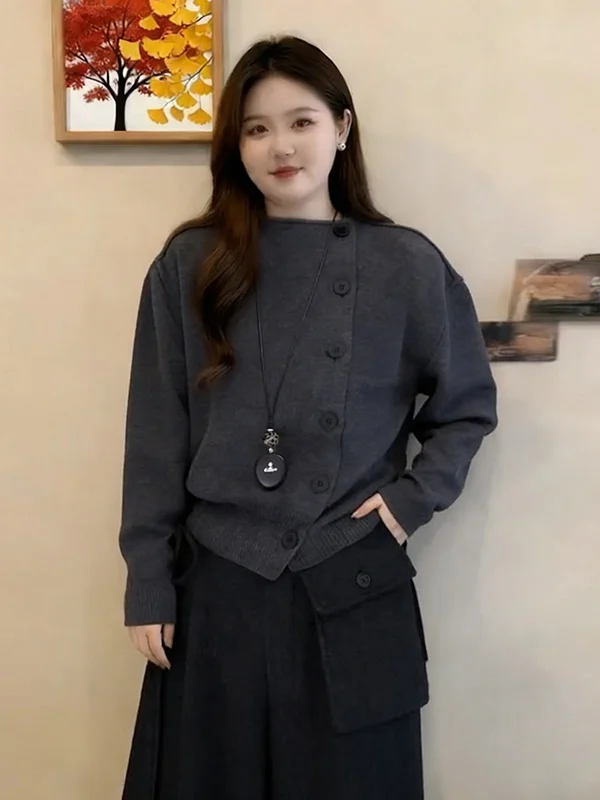 

plus Size Knitted Open Cardigan Sweater Women's Side Button Sli Spring New Faion Hide Meat Slimming Top Breathable Soft