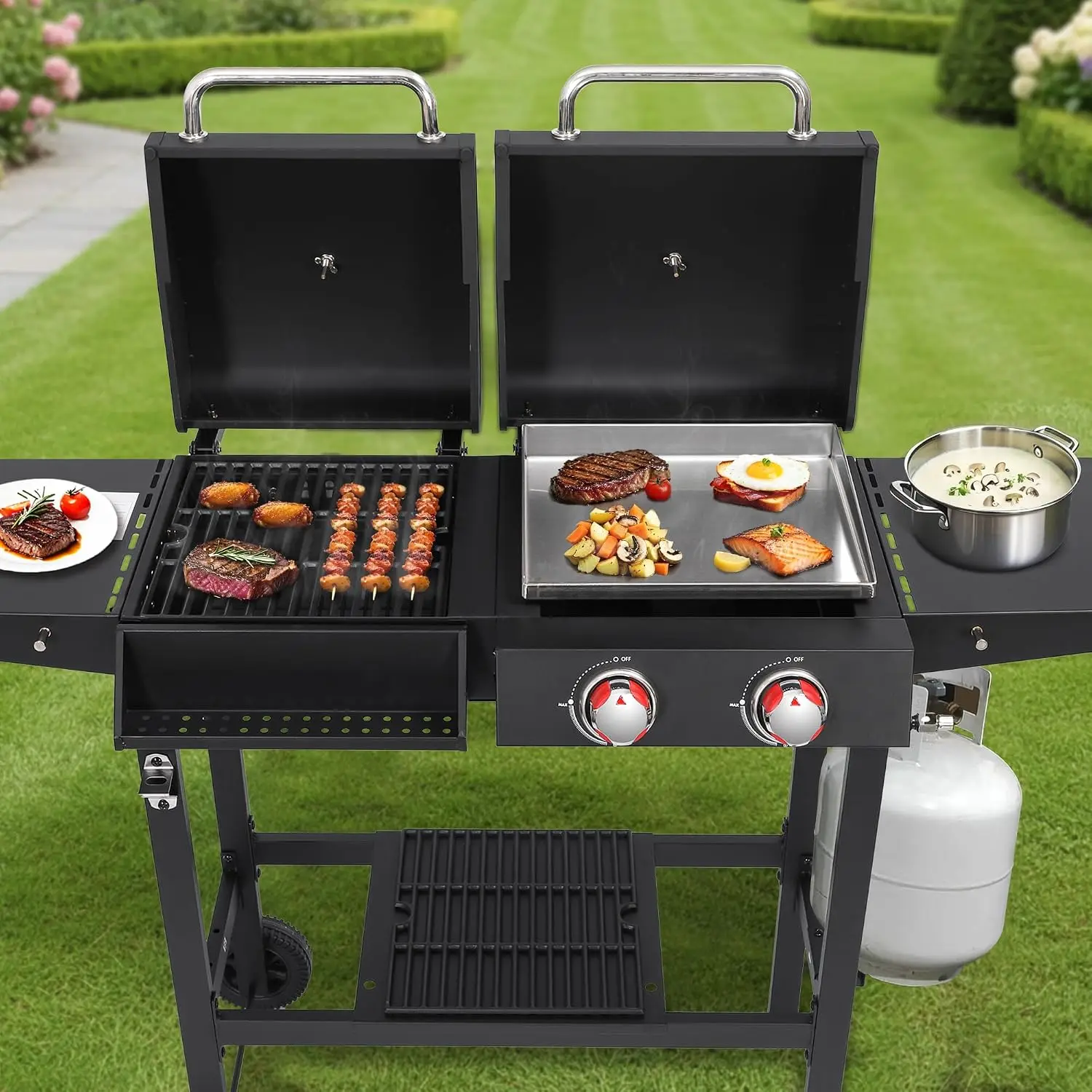 Cast Iron Grates & Stainless Steel Griddle, 2-Burner Propane, Gas/Charcoal Combo, Portable Outdoor BBQ, Easy Clean