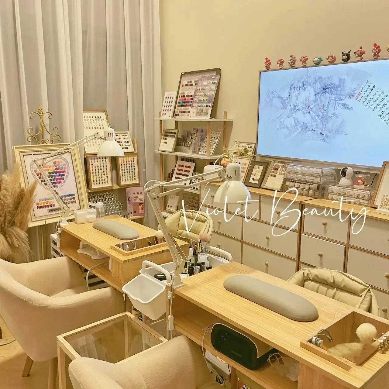 Solid wood Japanese manicure shop table and chair cabinet full set of log wind table and chair table with vacuum cleaner