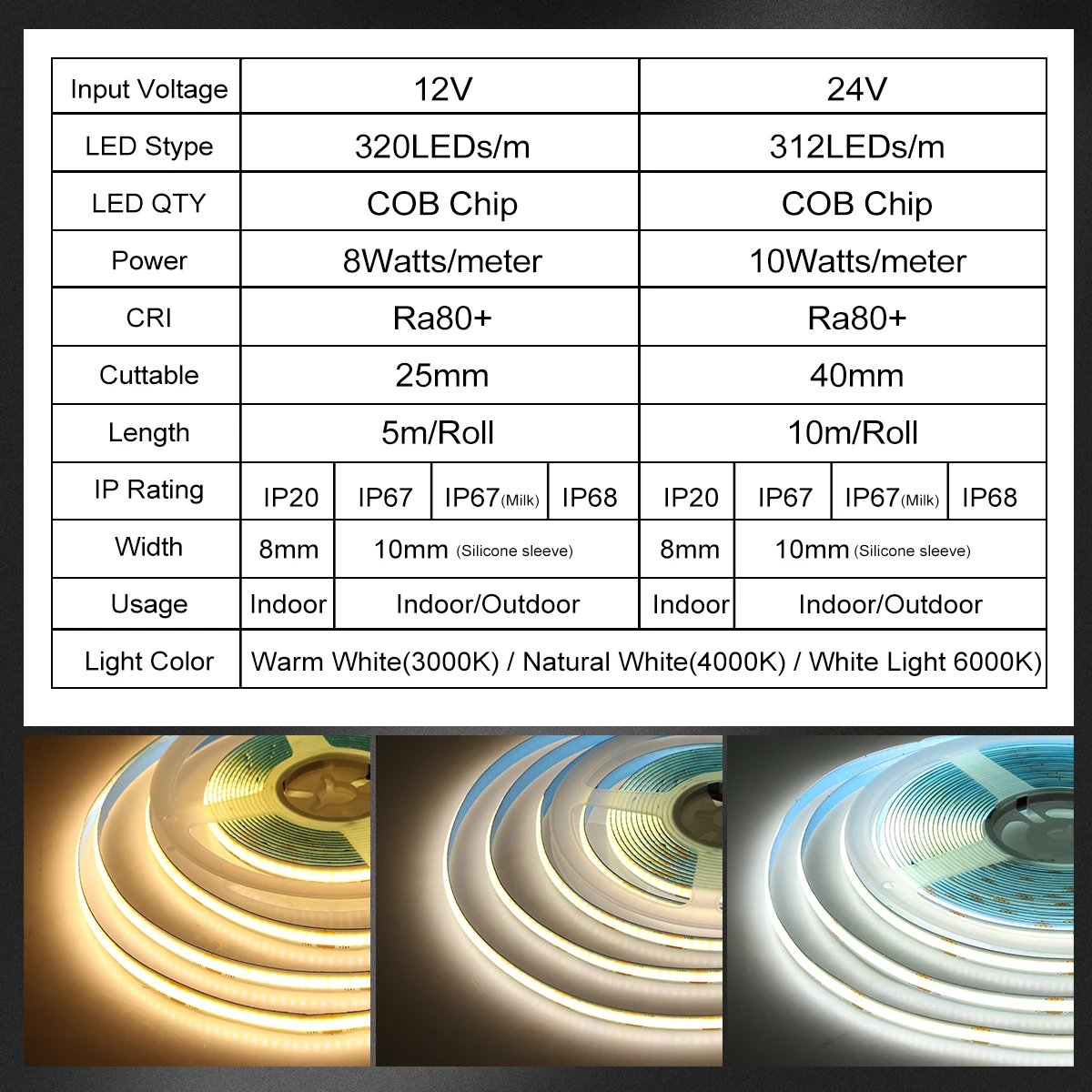 3000K/4000K/6000K Flexible LED Light Strips, 12V/24V COB Waterproof High-Density Linear Lighting Strips - Easy To Install