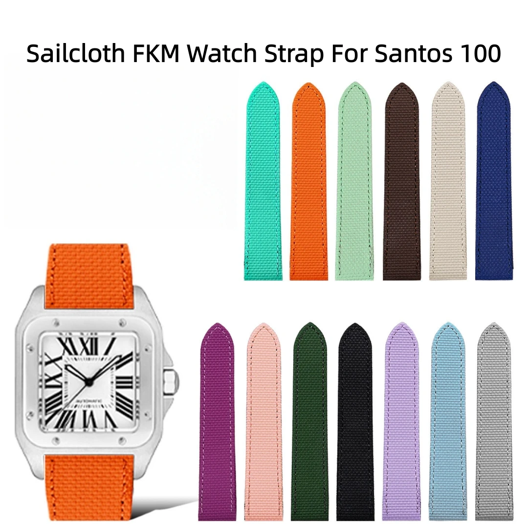 

Fit For Cartier Santos 100 Sailcloth FKM Rubber Watch Strap 20 23 24mm With End Linking No Gap Design Waterproof Watch Band