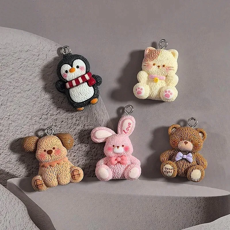10Pcs Kawaii Mixed Animal Resin Charms Cute Penguin Bear Cat Rabbit Dog Pendant Accessories for DIY Earring Jewelry view 2