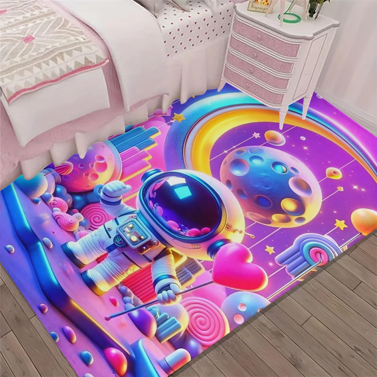 1Pc Cartoon Dreamy Starry Sky Astronaut Printed Floor Mat Kidsren's Room Living Room Non-Slip Wear-Resistant Household Large Area Carpet