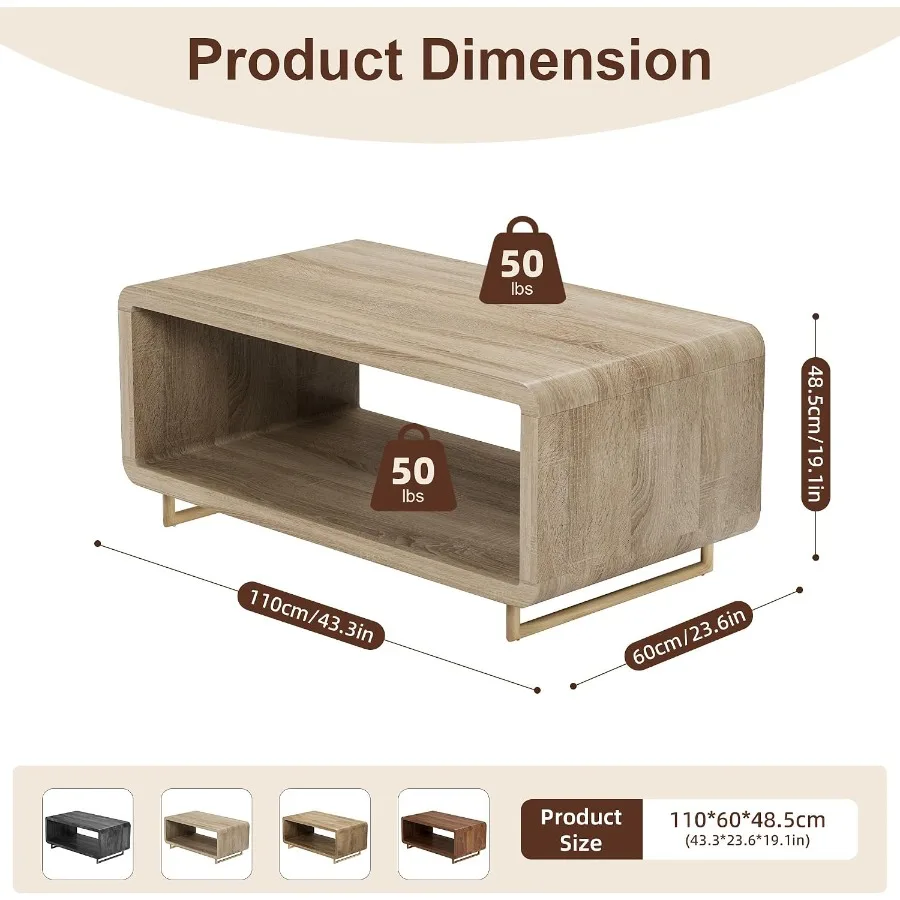 43 Inch Curved Wood Coffee Table for Living Room, Natural Wood Tone, Smooth Finish and Ample Open Storage Space