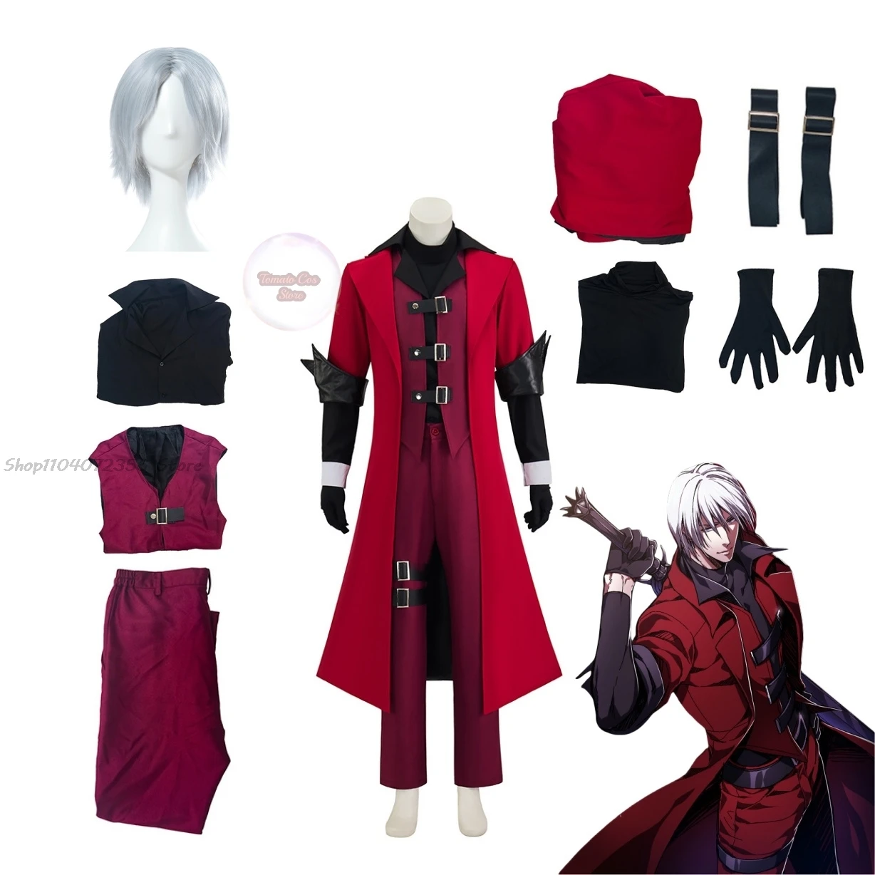 Anime Devil May Cry cosplay coat Dante Red windbreaker handsome Costume halloween apparel white wig