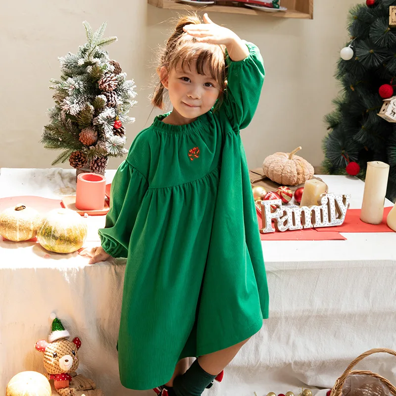 New Embroidered Cartoon Cute Solid Color Long Sleeved Dress for Girls In Autumn and Winter Christmas School Party Princess Dress