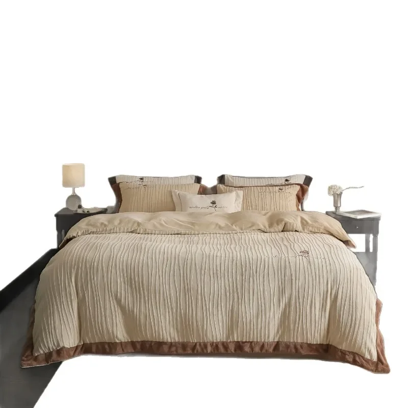 Milk fleece four-piece Maillard brown autumn and winter dark bedding light luxury simple