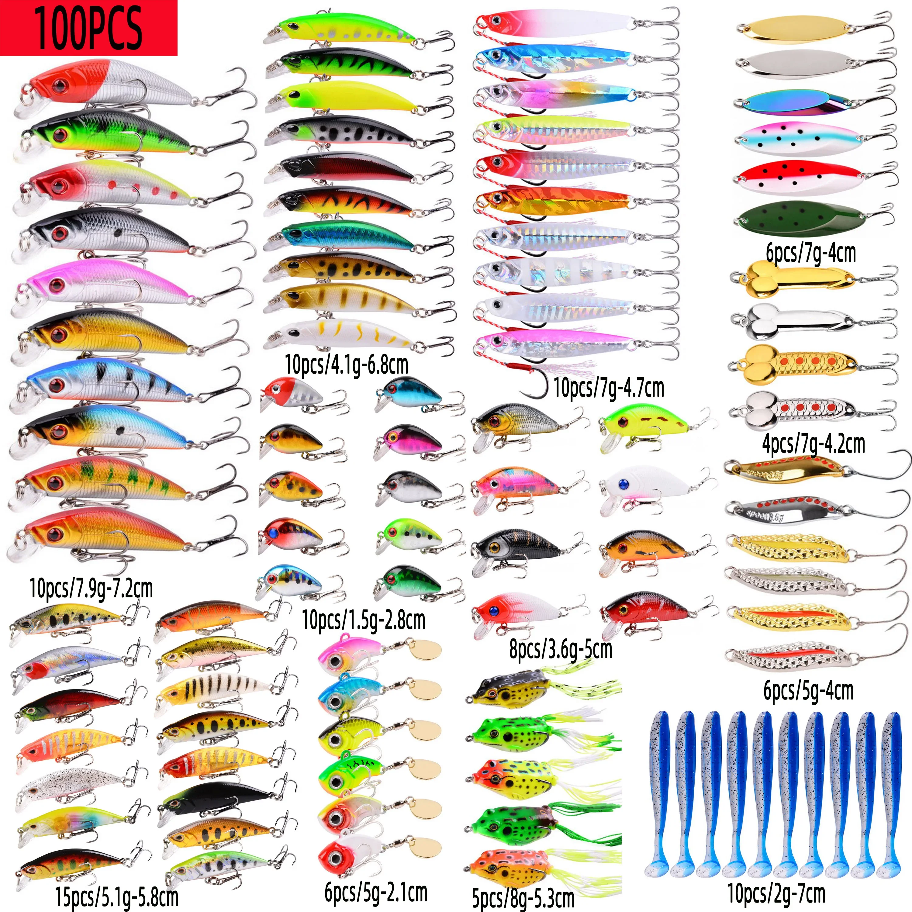 

100PCS Mixed Fishing Lure Kits Crankbait Minnow Luya Lures Bass Baits Wobbler Set Lifelike Fake Fishing Bait Tackle