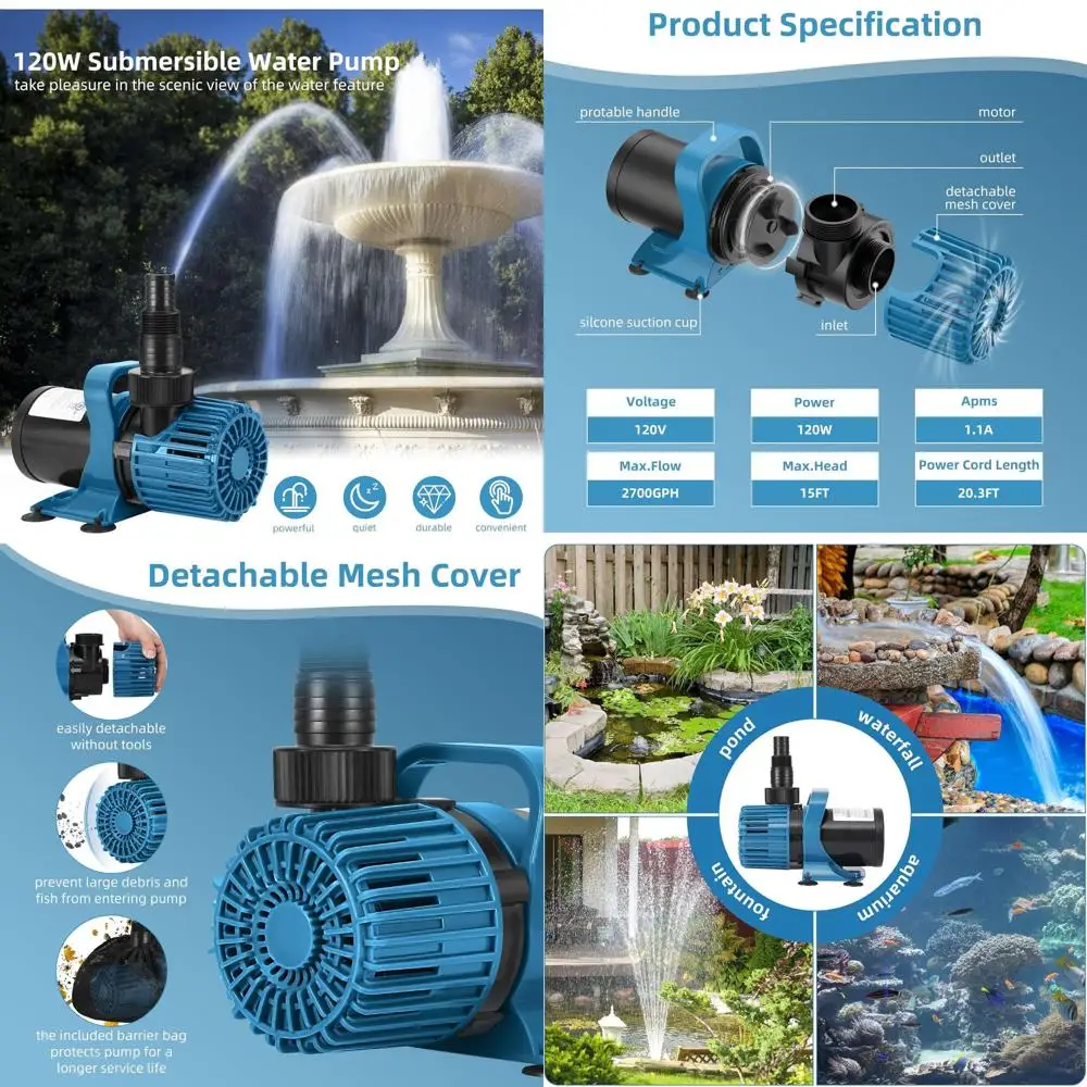 

Ultra-Quiet 120W Outdoor Pond Pump, 2700 GPH, 180° Adjustable Direction, with 20ft Cord and Debris Bag, UL Listed
