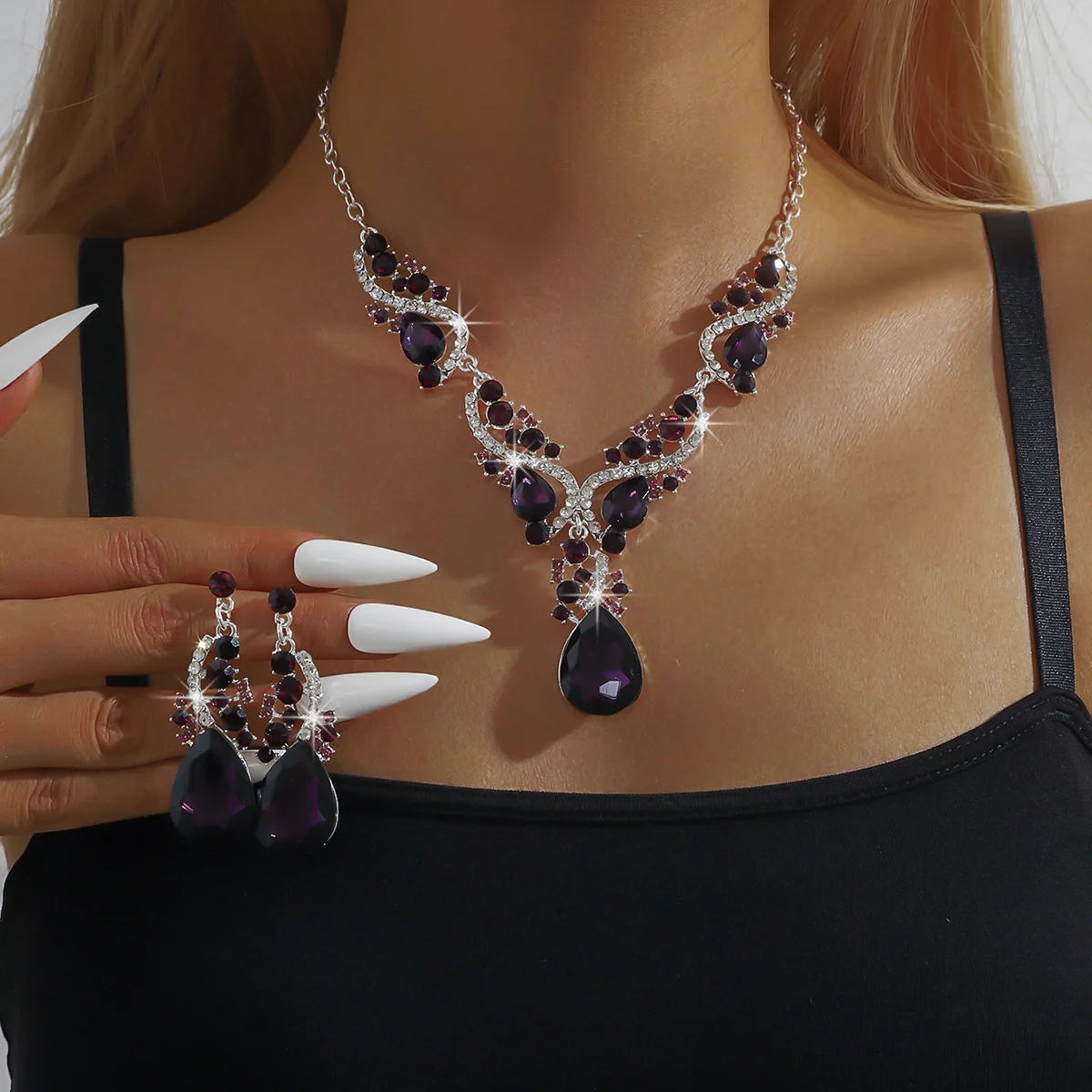 3pcs women\'s jewelry set with rhinestone crystal necklace earrings, bridal wedding accessories