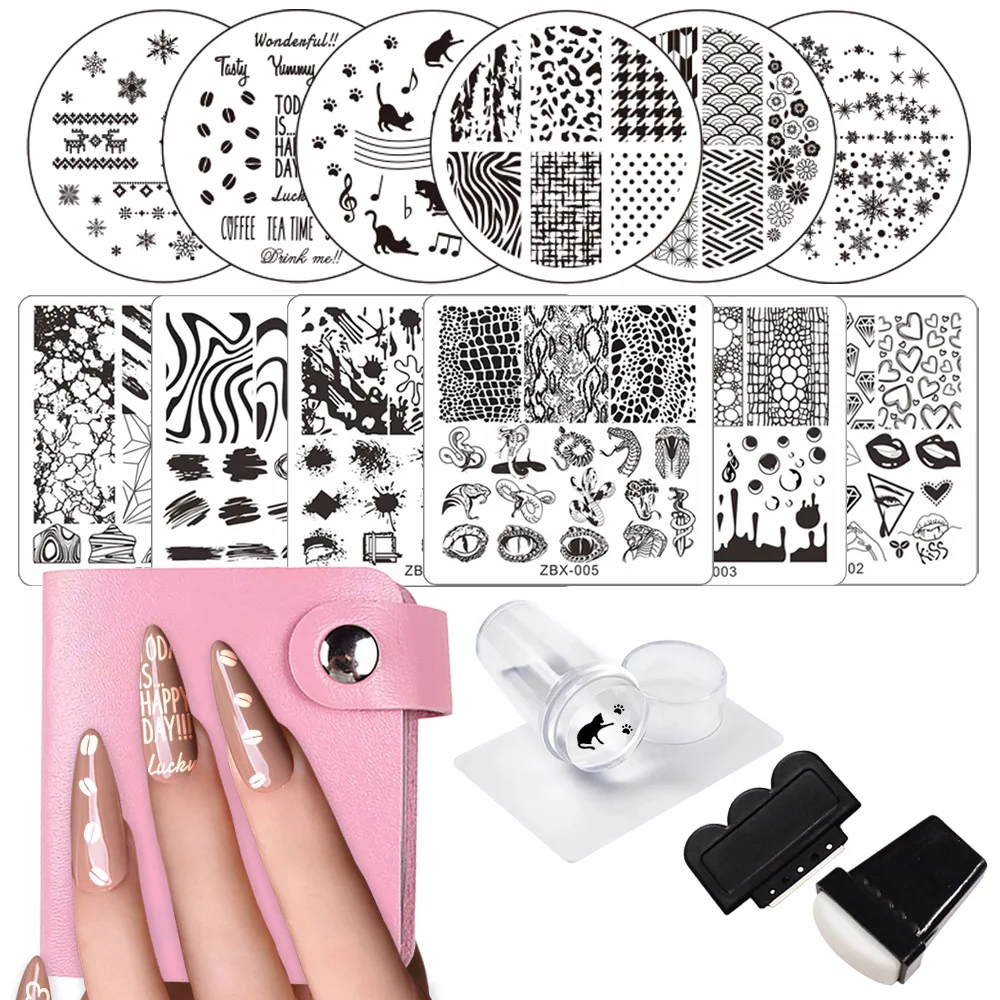 17Pcs Nail Stamping Plates Set Cat Nail Art Plate Template Set 12Plates+2Stamper+2Scraper+1Square Bag Manicure Image Plate Set