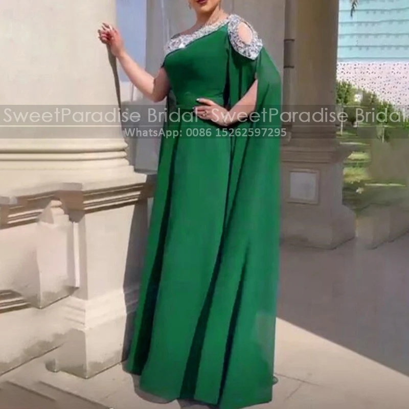 Customized Kaftan Long Mother of the Bride Dresses A Line Beaded Off Shoulder Green Chiffon Evening Dress Fomal Gown