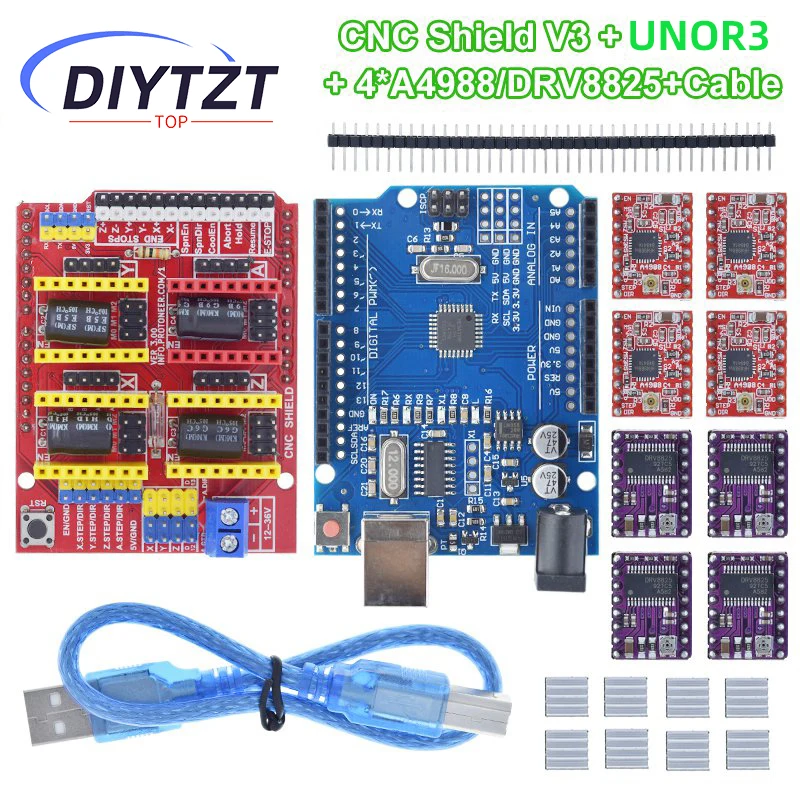 

CNC Shield V3 Engraving Machine 3D Printe+ 4pcs DRV8825 Or A4988 Driver Expansion Board For Arduino + UNOR3 With USB Cable