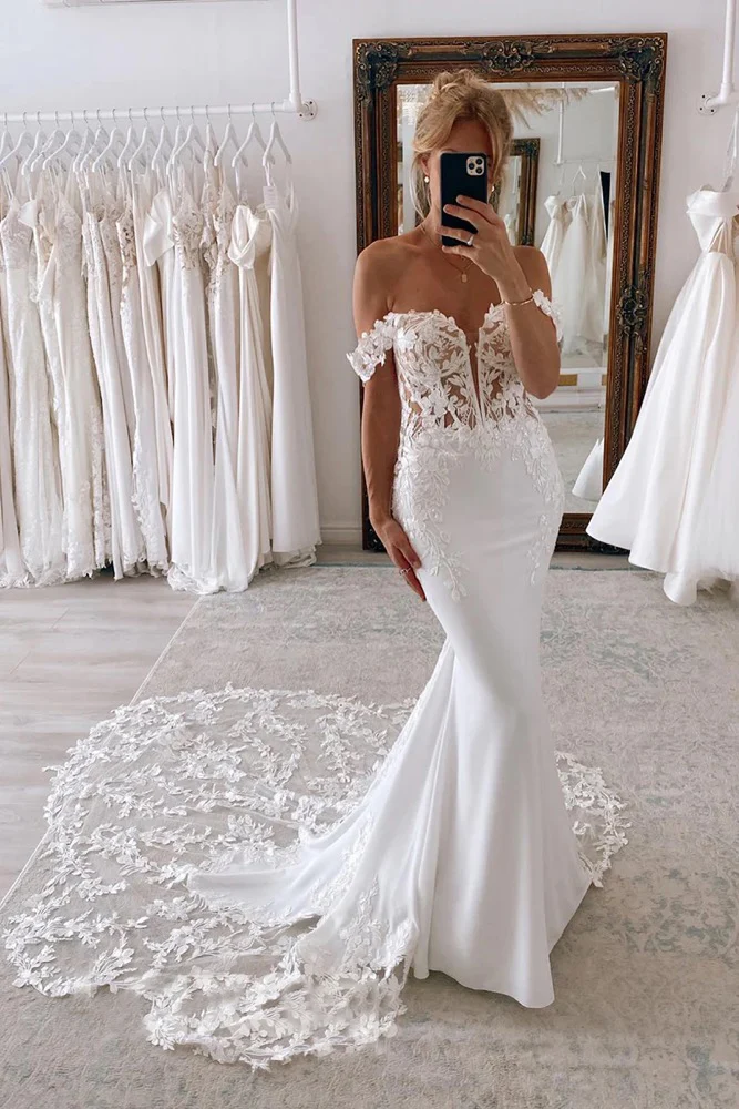 

Crepe Lace Mermaid Luxury Boho Wedding Dresses Off The Shoulder Backless Summer Beach Bridal Gowns Plunge Long Train