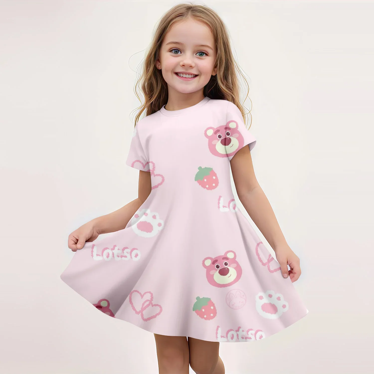 

2025 Summer Teen Girl Clothes Strawberry Bear 3d Printed Short Sleeved Dress Loose and Comfortable Party Dress Princess Dress