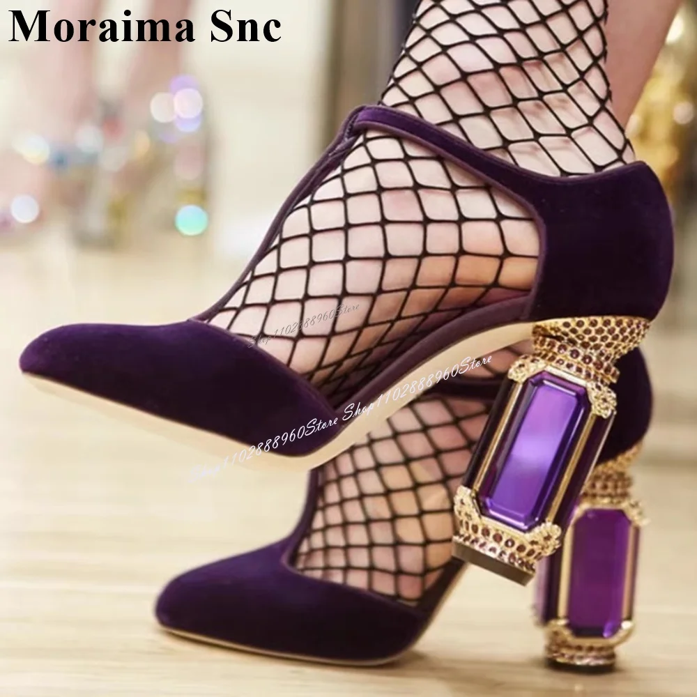 T-Strap Purple Suede Crystal Heel Sandals Strange Heel Women Shoes Ankle Buckle Strap Round Toe 2024 Fashion Zapatos Para Mujere