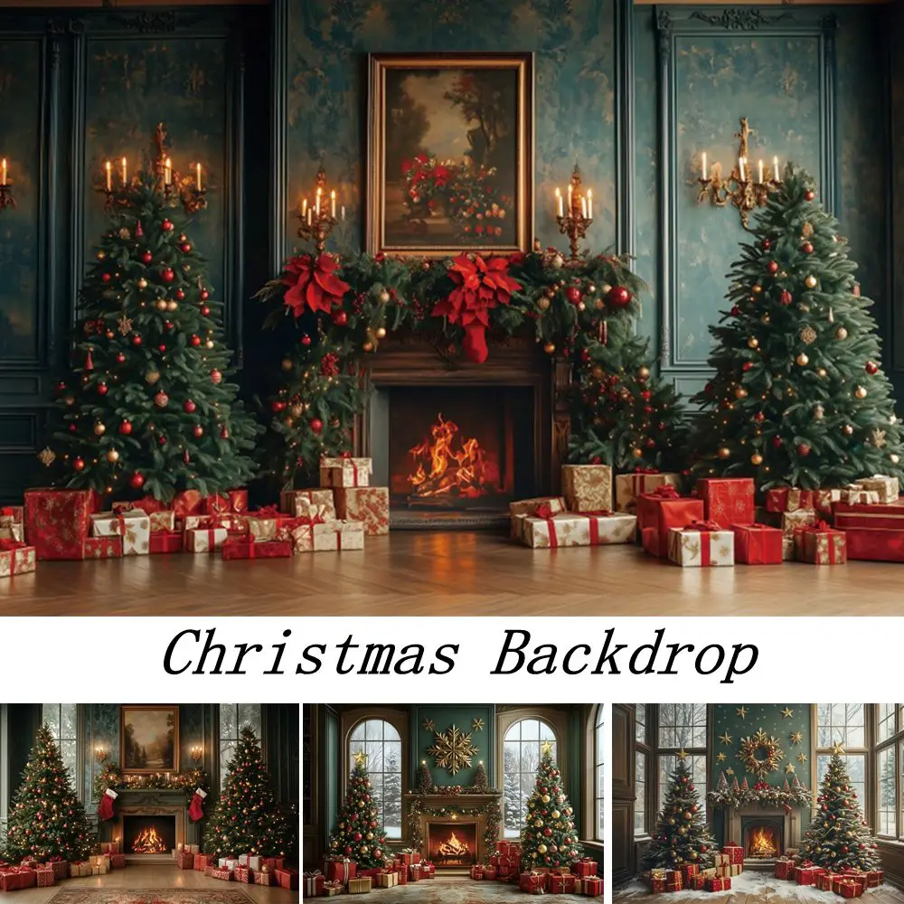 

Christmas Interior Room Xmas Tree Gifts Fireplace Backdrop Xmas Party Baby Kids Family Portrait Photo Background Photo Studio