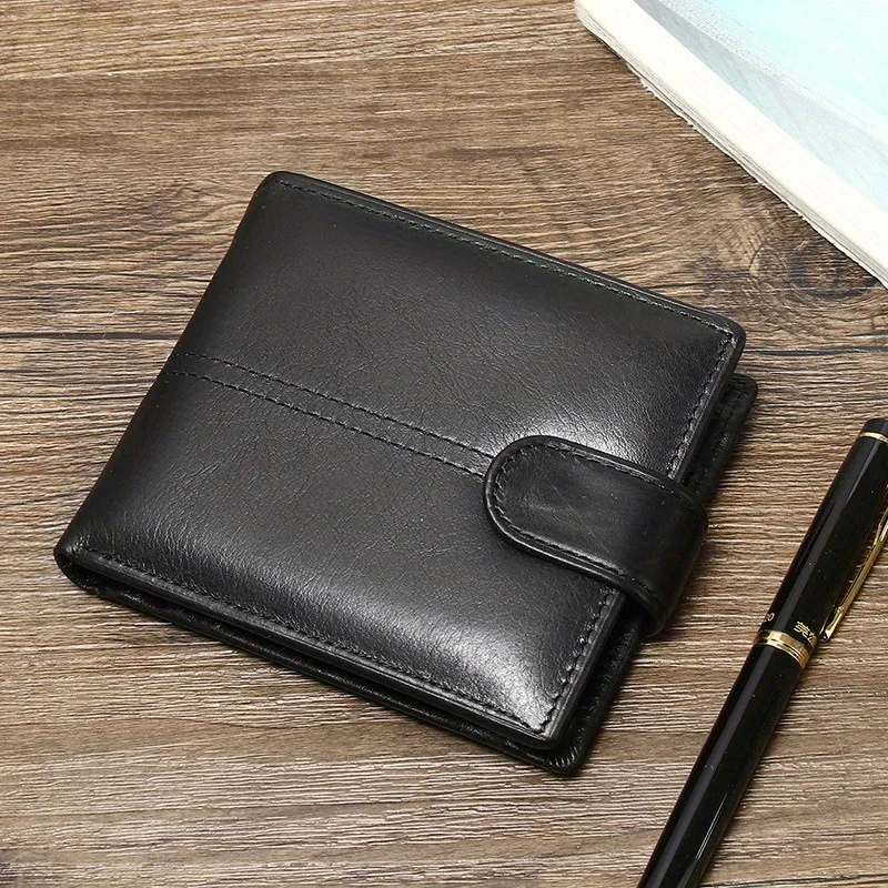 Men's Genuine Leather Wallet, Rfid Anti-Theft Brush, Anti-Magnetic, Short Coin Purse, Large Capacity, Multi-Slot Buckle Wallet