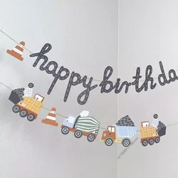 Building Construction Themed Happy Birthday Banner Party Decoration Tractor Excavator Flag Kids Boys Party Supplies Baby Shower