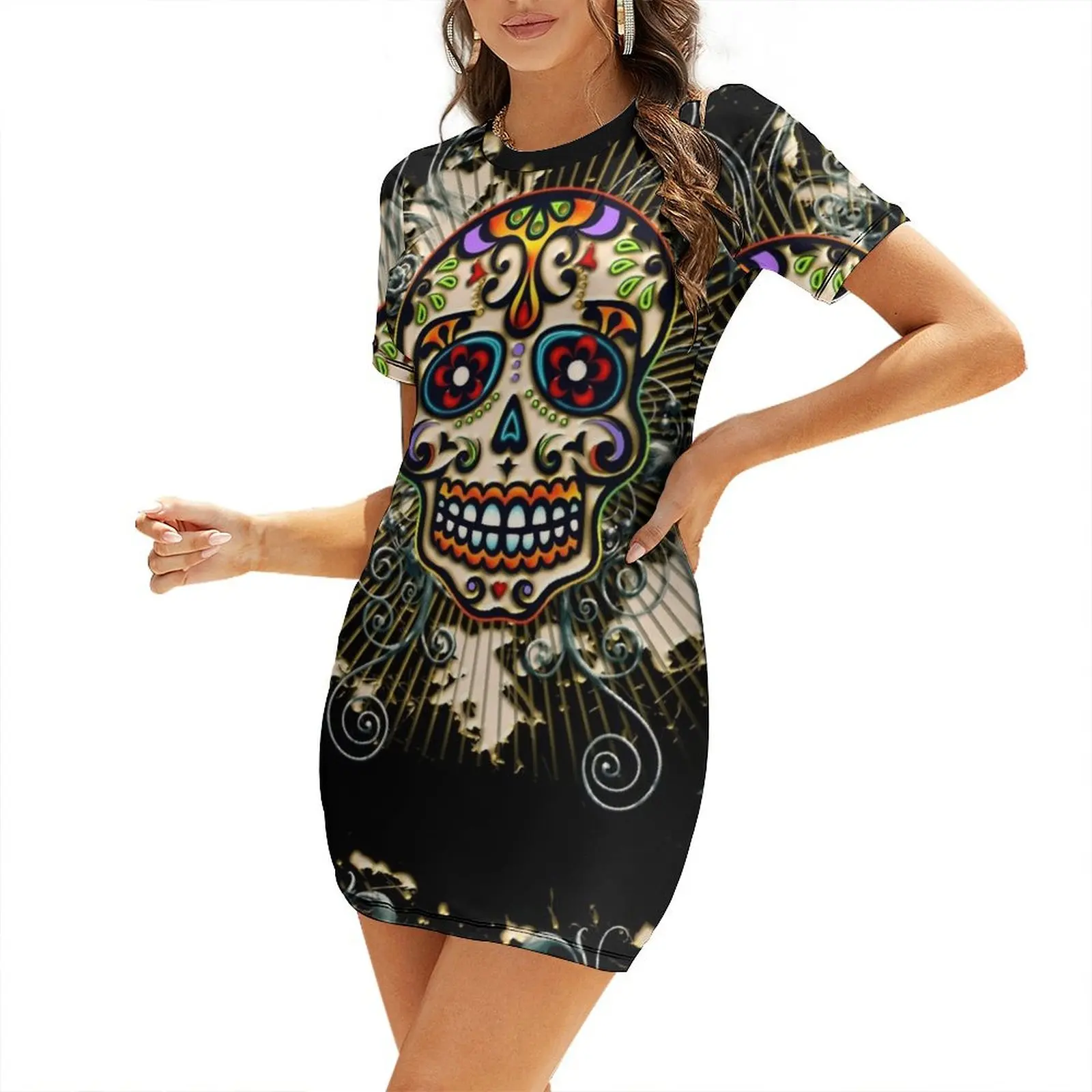 

Mexican skull, sugar skull, Day of the Dead, pattern, ornaments, dia de los muertos Short Sleeved Dress Bride dresses